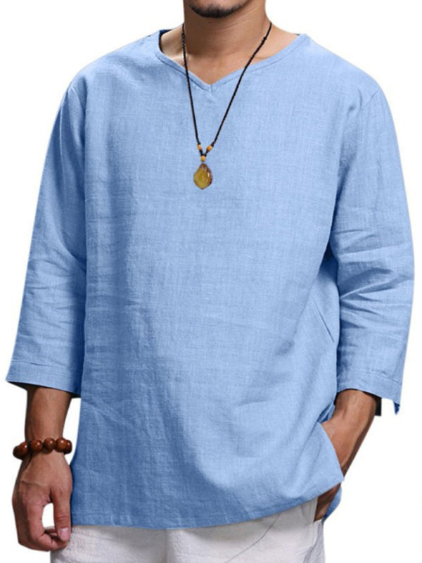 Men's Long Sleeve V Neck Cotton Linen Loose Shirt Shello Creative Boutique