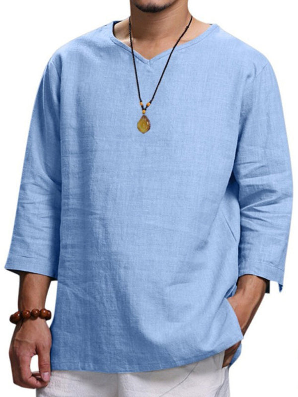 Men's Long Sleeve V Neck Cotton Linen Loose Shirt Shello Creative Boutique