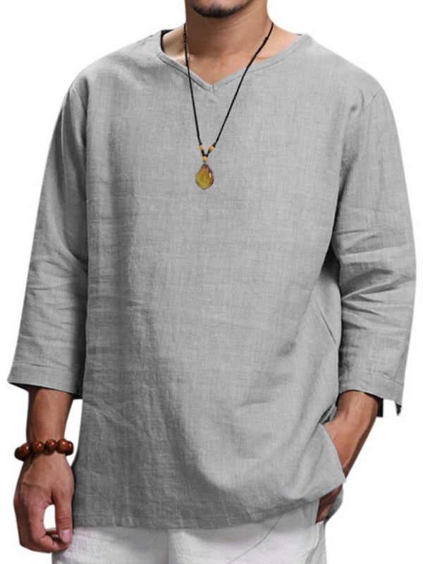 Men's Long Sleeve V Neck Cotton Linen Loose Shirt Shello Creative Boutique