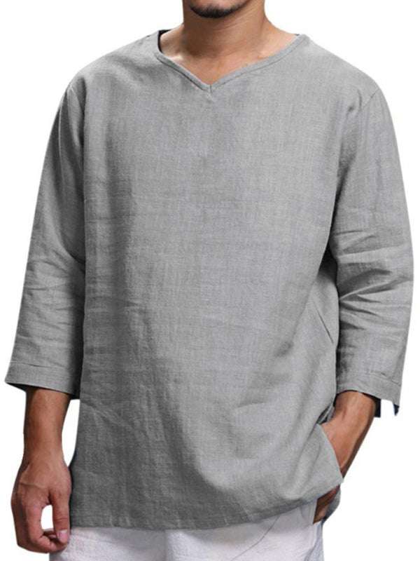 Men's Long Sleeve V Neck Cotton Linen Loose Shirt Shello Creative Boutique