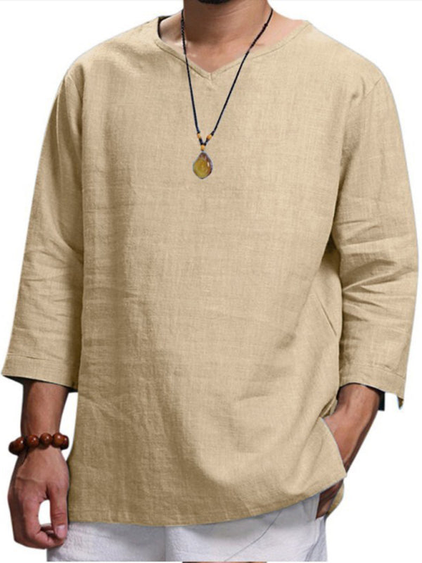 Men's Long Sleeve V Neck Cotton Linen Loose Shirt Shello Creative Boutique