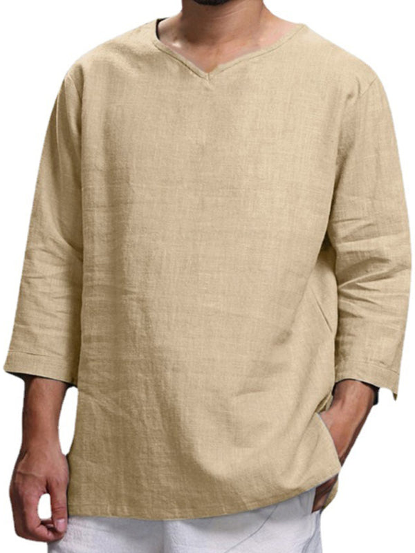 Men's Long Sleeve V Neck Cotton Linen Loose Shirt Shello Creative Boutique