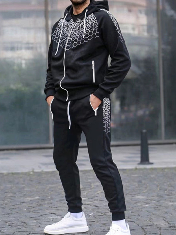 Men's Zipper Hooded Cardigan Jacket Honeycomb Print Casual Sweatshirt Trousers Set Shello's Creative Boutique