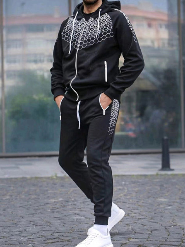 Men's Zipper Hooded Cardigan Jacket Honeycomb Print Casual Sweatshirt Trousers Set Shello's Creative Boutique