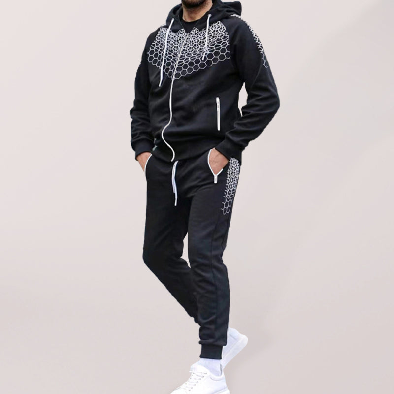Men's Zipper Hooded Cardigan Jacket Honeycomb Print Casual Sweatshirt Trousers Set Shello's Creative Boutique