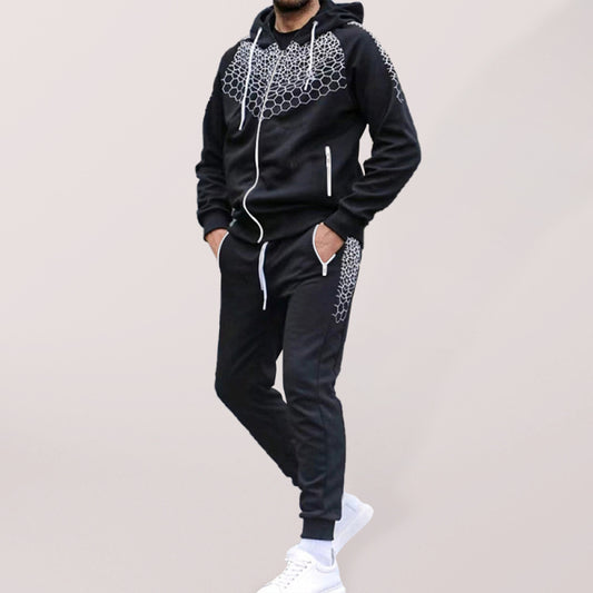 Men's Zipper Hooded Cardigan Jacket Honeycomb Print Casual Sweatshirt Trousers Set Shello's Creative Boutique