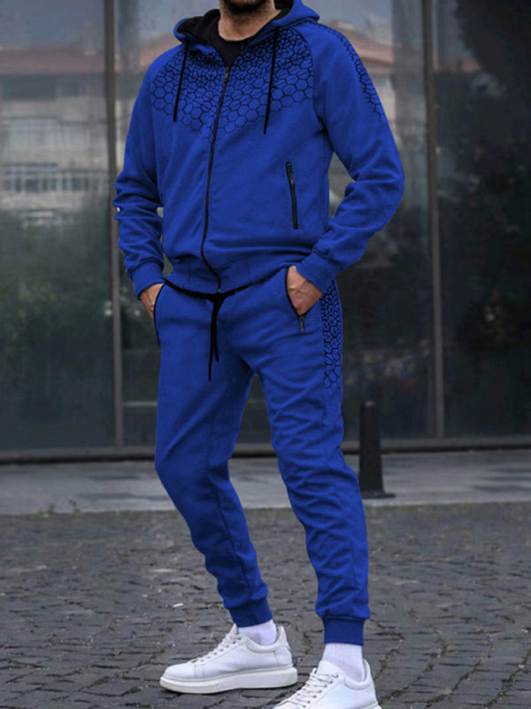 Men's Zipper Hooded Cardigan Jacket Honeycomb Print Casual Sweatshirt Trousers Set Shello's Creative Boutique