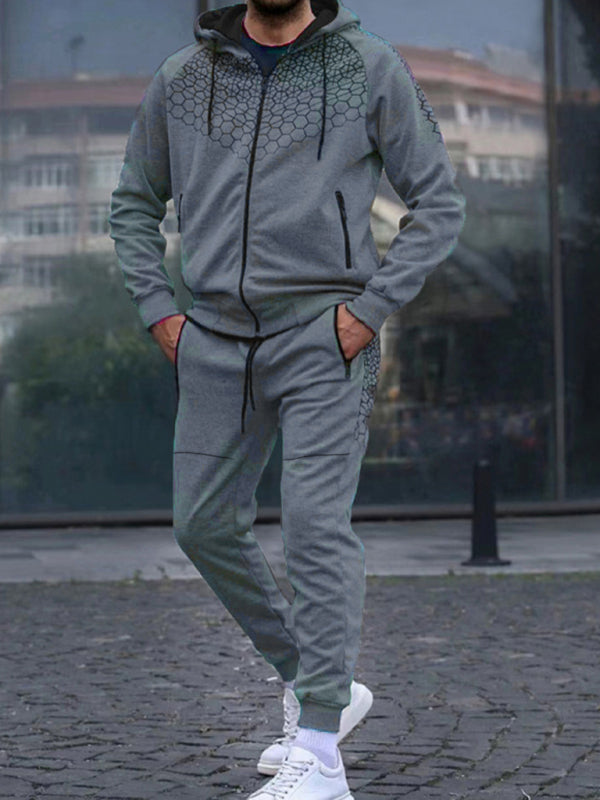 Men's Zipper Hooded Cardigan Jacket Honeycomb Print Casual Sweatshirt Trousers Set Shello's Creative Boutique