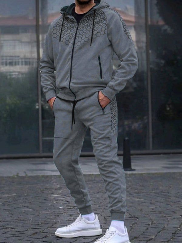 Men's Zipper Hooded Cardigan Jacket Honeycomb Print Casual Sweatshirt Trousers Set Shello's Creative Boutique