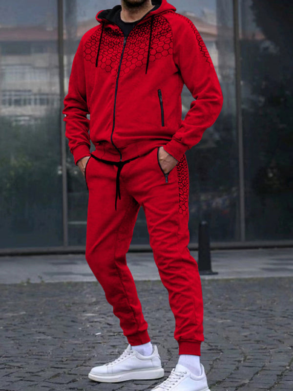 Men's Zipper Hooded Cardigan Jacket Honeycomb Print Casual Sweatshirt Trousers Set Shello's Creative Boutique