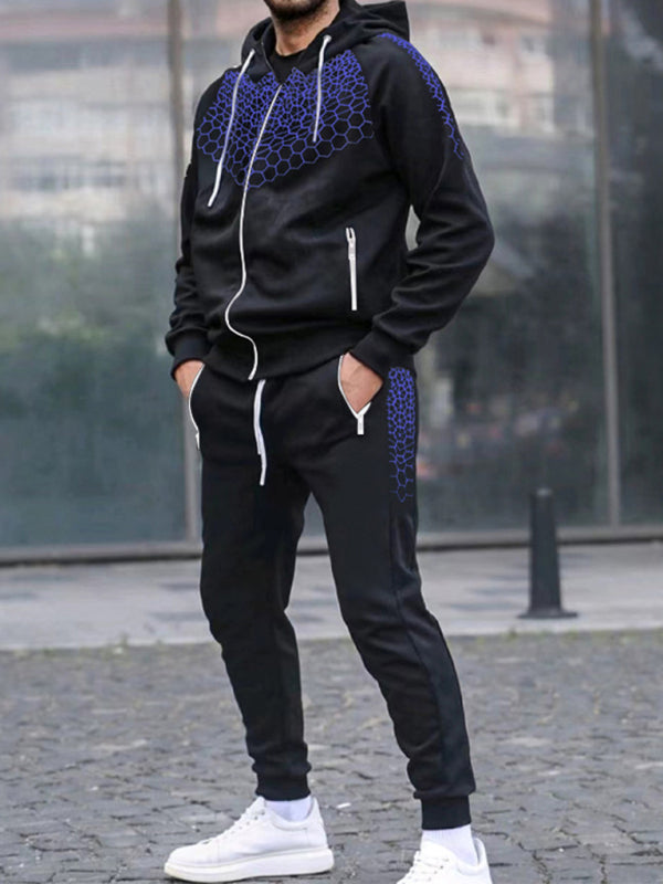 Men's Zipper Hooded Cardigan Jacket Honeycomb Print Casual Sweatshirt Trousers Set Shello's Creative Boutique