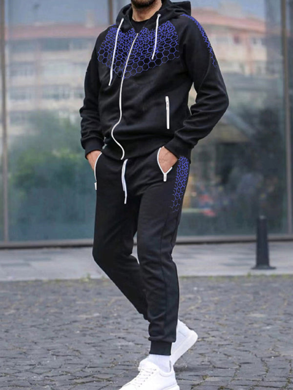 Men's Zipper Hooded Cardigan Jacket Honeycomb Print Casual Sweatshirt Trousers Set Shello's Creative Boutique