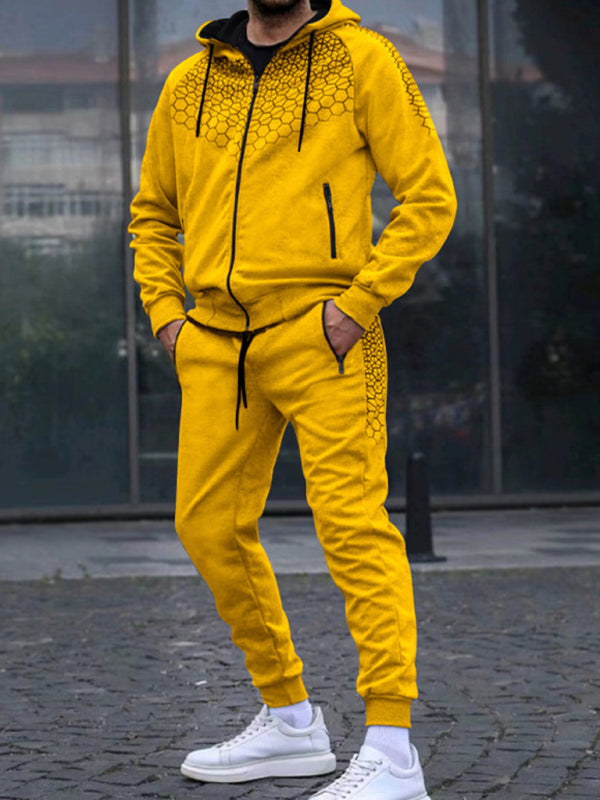 Men's Zipper Hooded Cardigan Jacket Honeycomb Print Casual Sweatshirt Trousers Set Shello's Creative Boutique