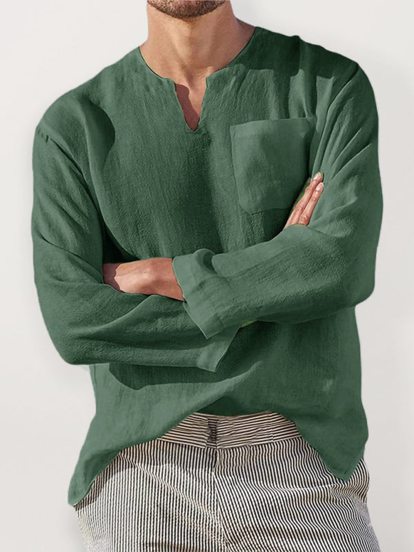 Men's Long Sleeve V Neck Casual Beach Linen Shirt Shello Creative Boutique