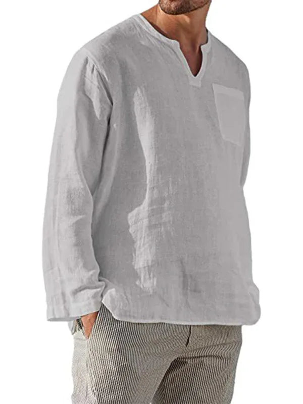 Men's Long Sleeve V Neck Casual Beach Linen Shirt - Shello's Creative Boutique