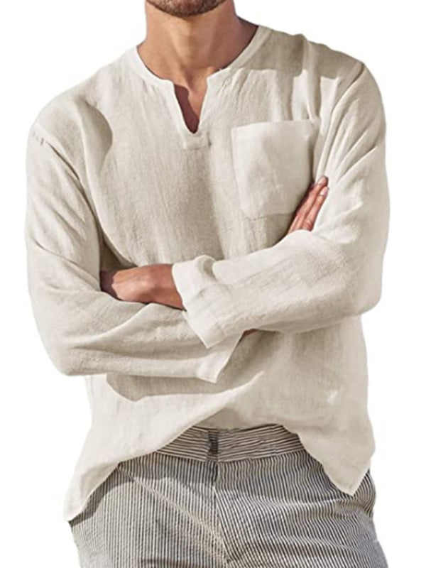 Men's Long Sleeve V Neck Casual Beach Linen Shirt Shello Creative Boutique