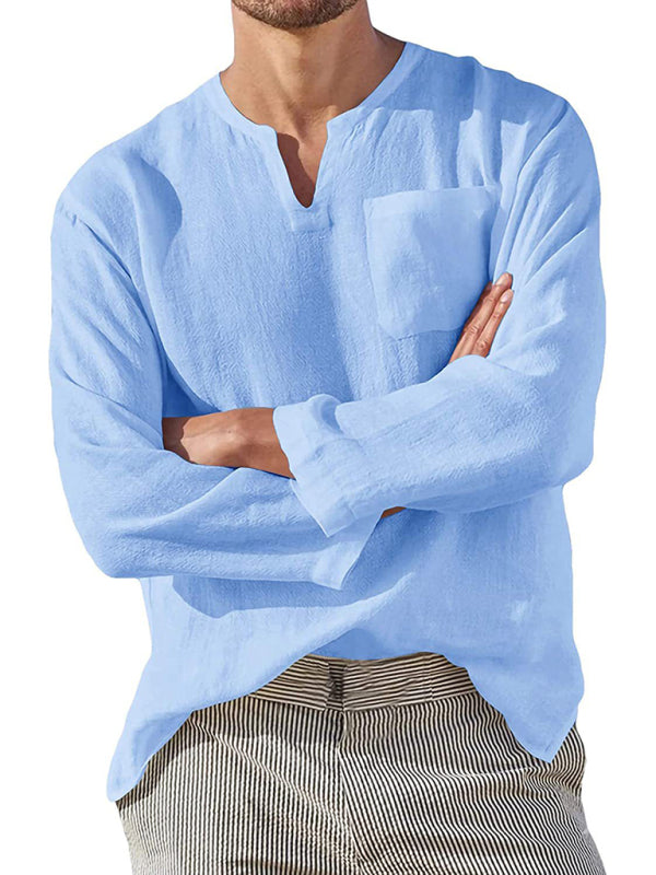 Men's Long Sleeve V Neck Casual Beach Linen Shirt Shello Creative Boutique