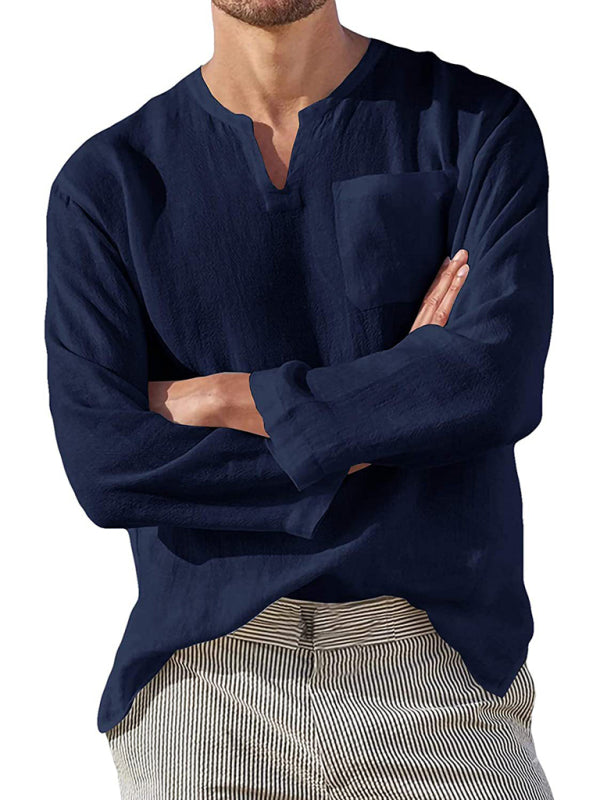 Men's Long Sleeve V Neck Casual Beach Linen Shirt Shello Creative Boutique