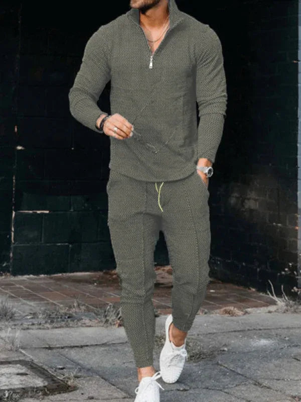 Men's Textured Casual Half Zipper Stand Collar Suits - Shello's Creative Boutique