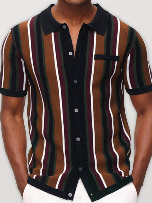 Men's single Breasted Color Contrast Stripe Short Sleeve Shirt Shello Creative Boutique