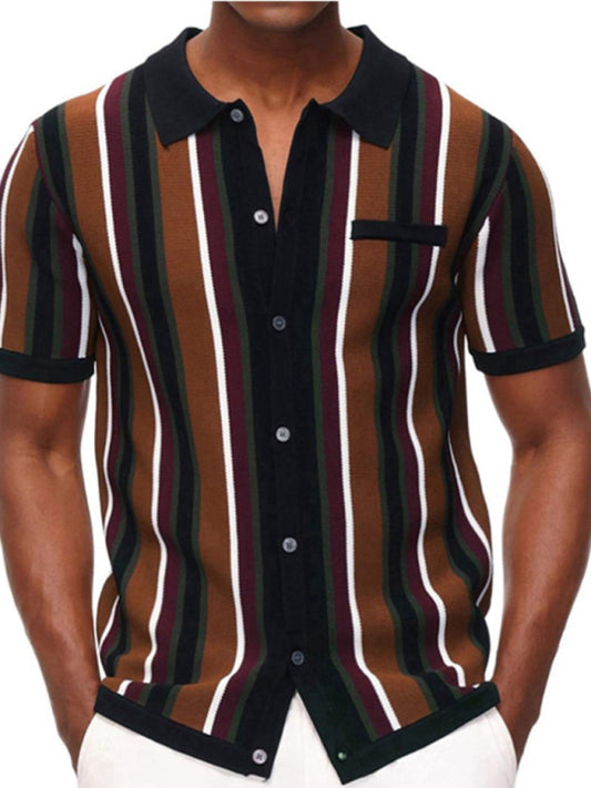 Men's single Breasted Color Contrast Stripe Short Sleeve Shirt Shello Creative Boutique