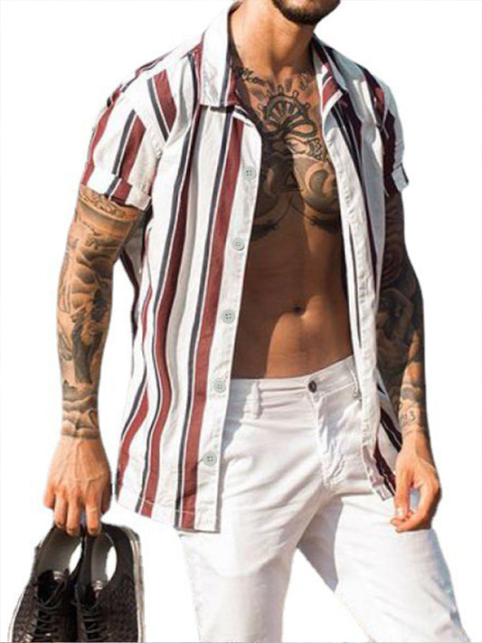 Casual striped slim-fit lapel cotton thin youth short-sleeved lapel shirt cardigan Shello's Creative Boutique