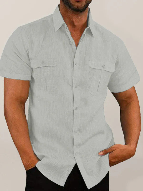 Men's Shirt Double Pocket Cotton Linen Short Sleeve Shirt - Shello's Creative Boutique