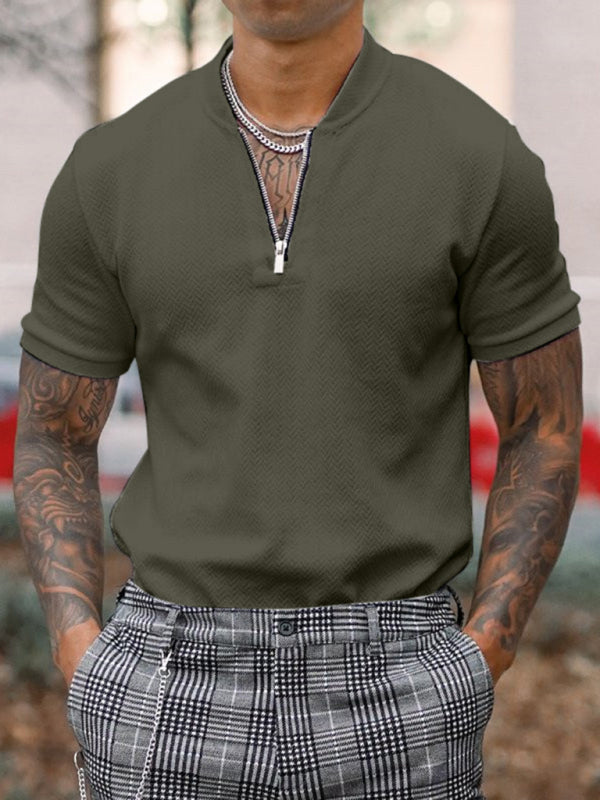 Men's Solid Color Zipper Stand Collar Casual Short Sleeve T-Shirt Shello's Creative Boutique
