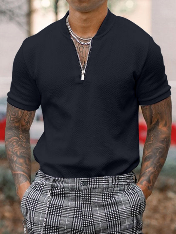 Men's Solid Color Zipper Stand Collar Casual Short Sleeve T-Shirt Shello's Creative Boutique