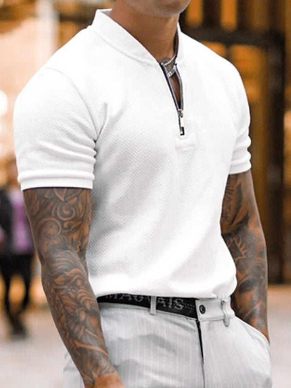 Men's Solid Color Zipper Stand Collar Casual Short Sleeve T-Shirt Shello's Creative Boutique