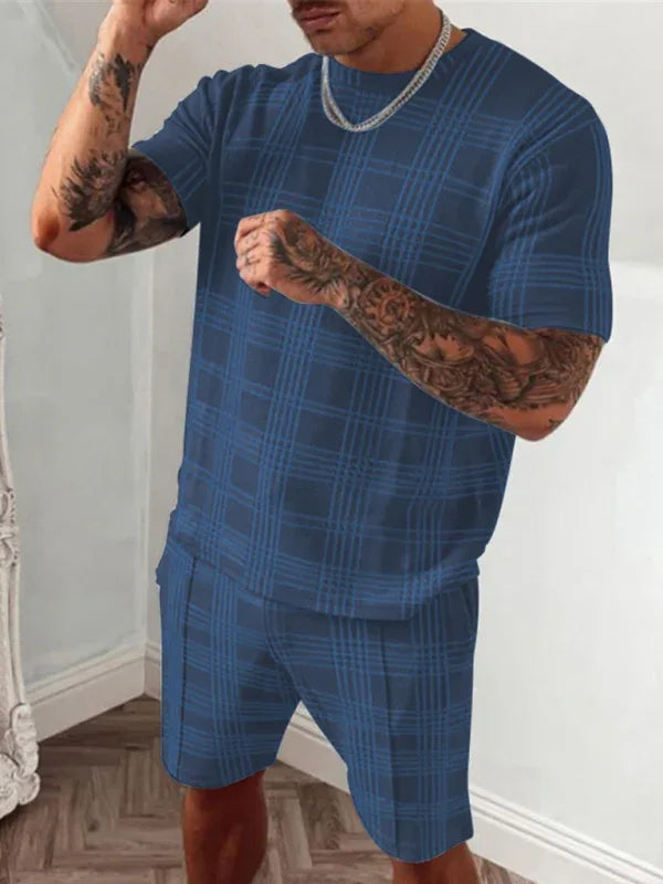 Men's Casual Plaid Short-Sleeved T-Shirt + Shorts Two-Piece Set - Shello's Creative Boutique
