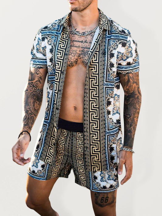 Men's printed lapel short-sleeved shirt + shorts casual suit Shello's Creative Boutique