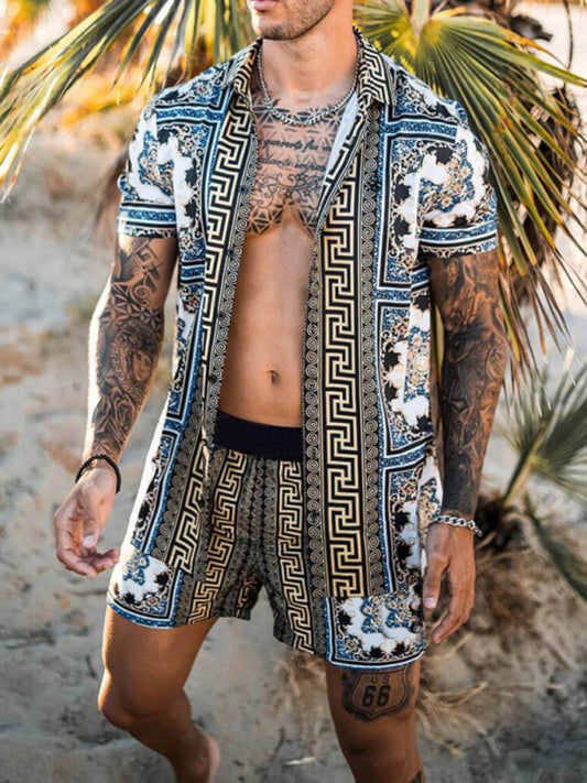 Men's printed lapel short-sleeved shirt + shorts casual suit Shello's Creative Boutique
