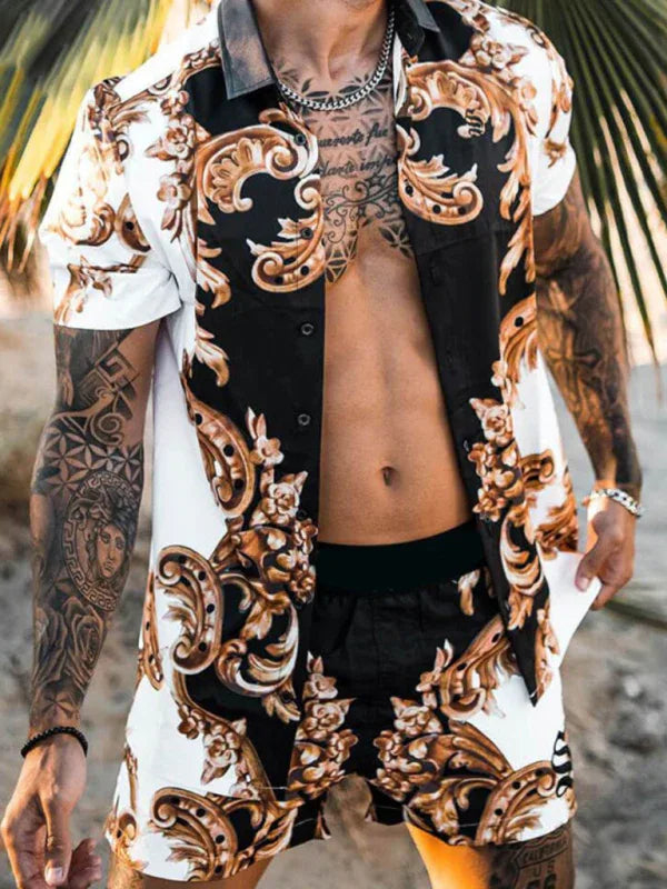 Men's Printed Lapel Short-Sleeved Shirt + Shorts Casual Suit - Shello's Creative Boutique