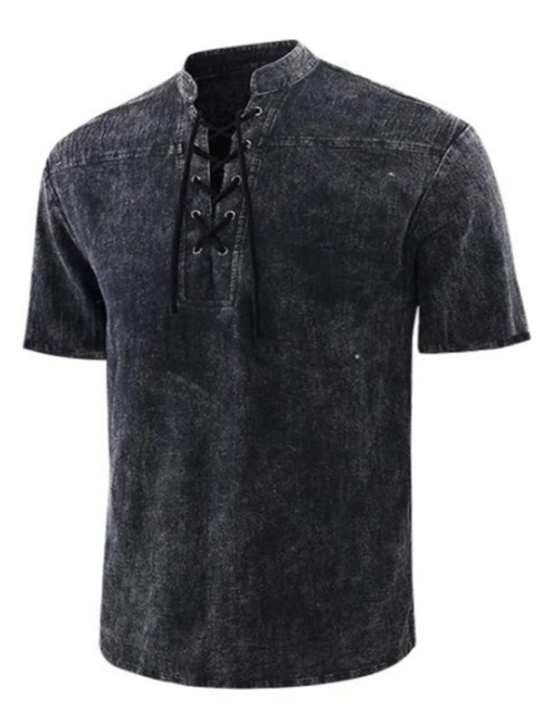 Men's Woven Retro Lace Up Collar Casual Short Sleeve Shirt Shello Creative Boutique