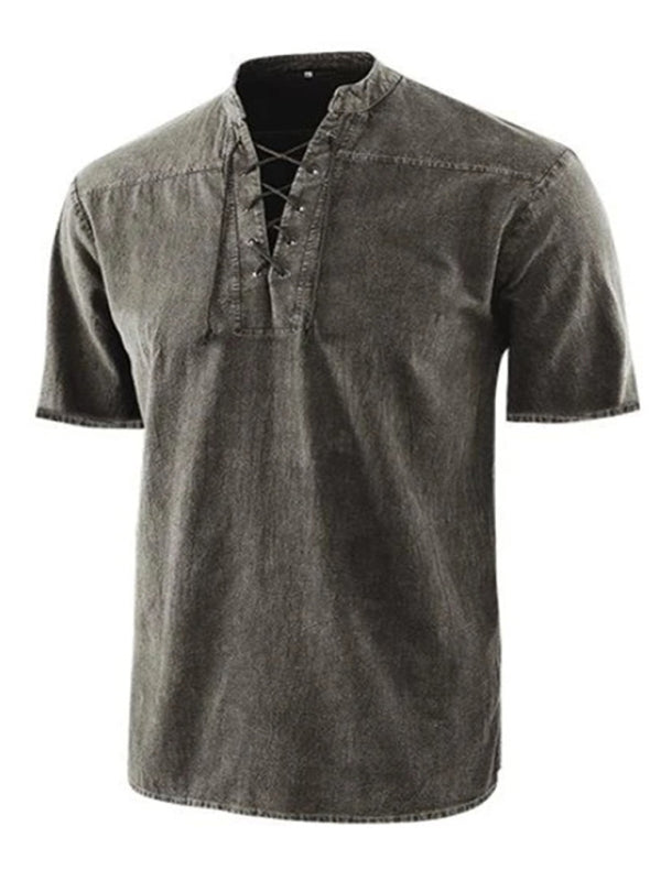 Men's Woven Retro Lace Up Collar Casual Short Sleeve Shirt Shello Creative Boutique