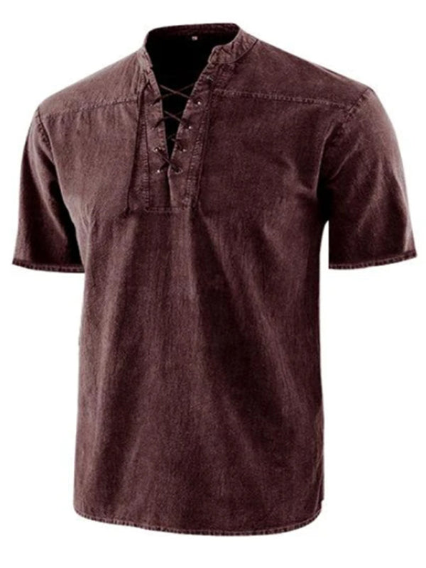 Men's Woven Retro Lace Up Collar Casual Short Sleeve Shirt Shello Creative Boutique