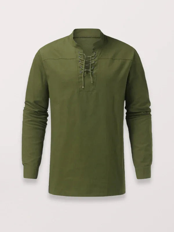 Men's Woven Retro Lace Up Casual Long Sleeve Shirt with Stand Collar - Shello's Creative Boutique