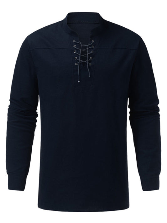 Men's Woven Retro Lace Up Casual Long Sleeve Shirt with Stand Collar Shello Creative Boutique
