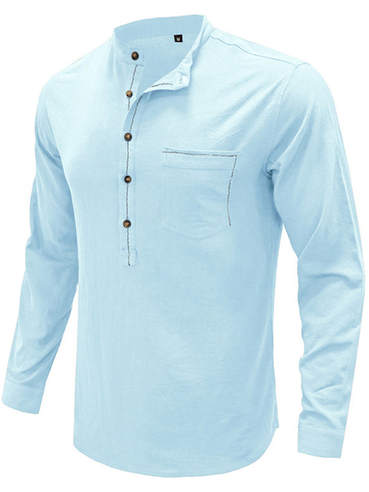 Men's woven solid color long-sleeved cotton and linen shirt Shello Creative Boutique