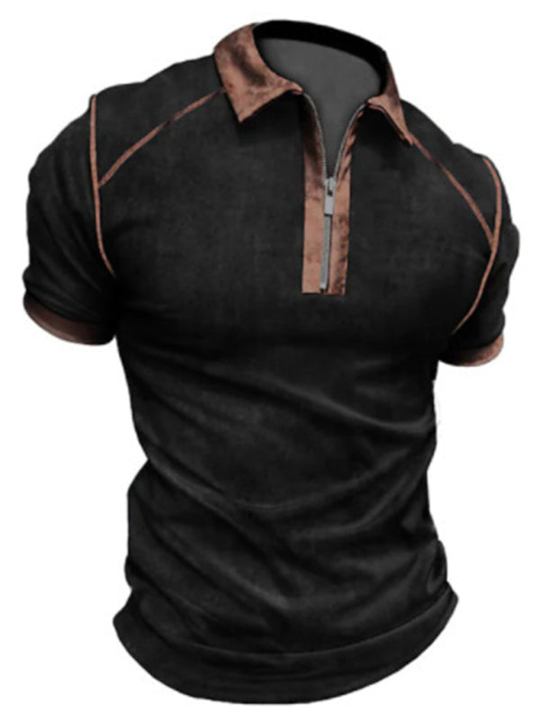 Men's Color Block Zipper Lapel Short Sleeve Polo Shirt Shello's Creative Boutique