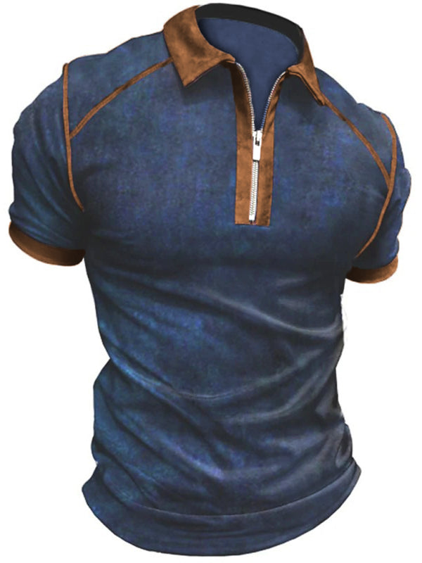 Men's Color Block Zipper Lapel Short Sleeve Polo Shirt Shello's Creative Boutique