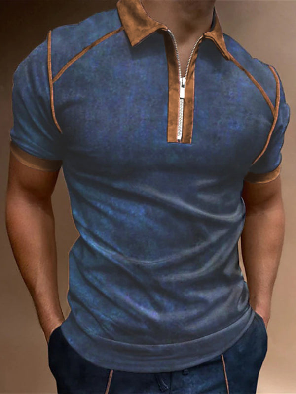 Men's Color Block Zipper Lapel Short Sleeve Polo Shirt Shello's Creative Boutique