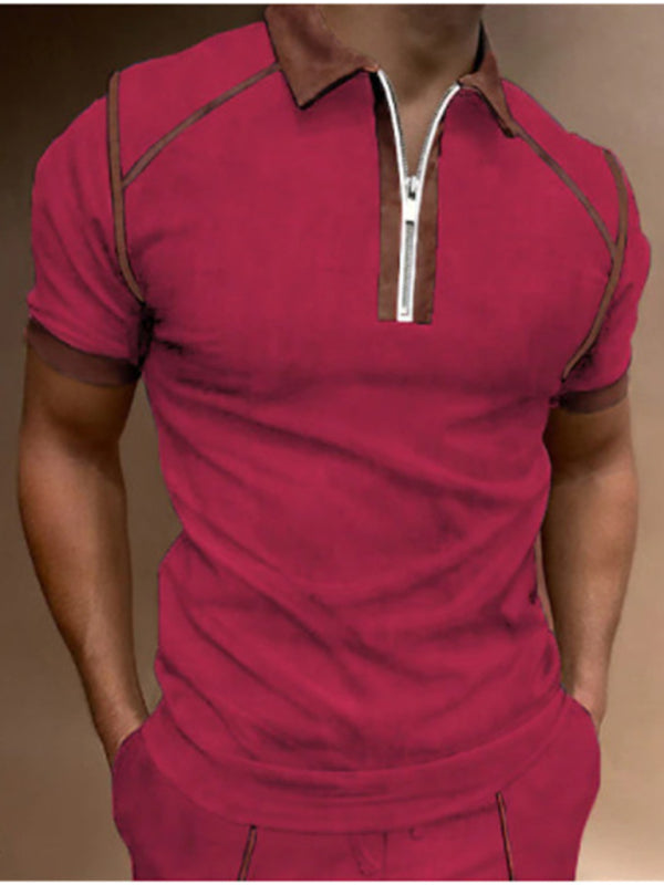 Men's Color Block Zipper Lapel Short Sleeve Polo Shirt Shello's Creative Boutique