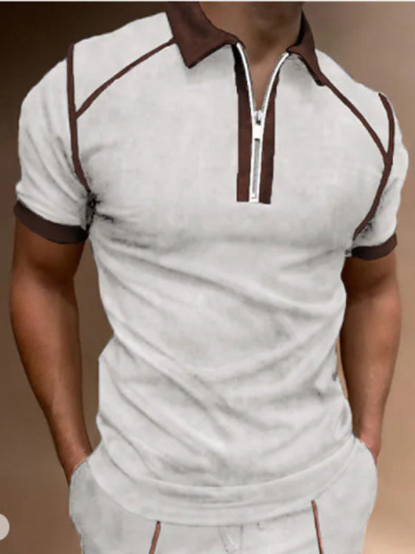 Men's Color Block Zipper Lapel Short Sleeve Polo Shirt Shello's Creative Boutique