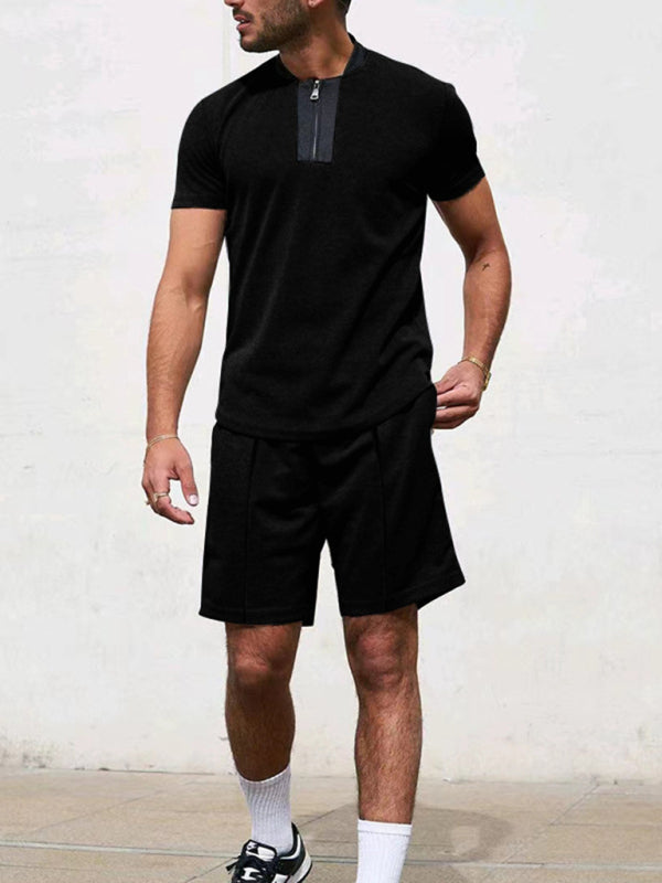 Men's Contrasting Color Waffle V-Neck Zipper T-Shirt + Shorts Casual Suit Shello's Creative Boutique