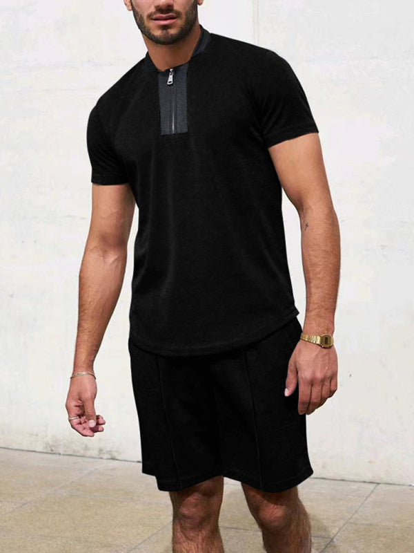 Men's Contrasting Color Waffle V-Neck Zipper T-Shirt + Shorts Casual Suit Shello's Creative Boutique