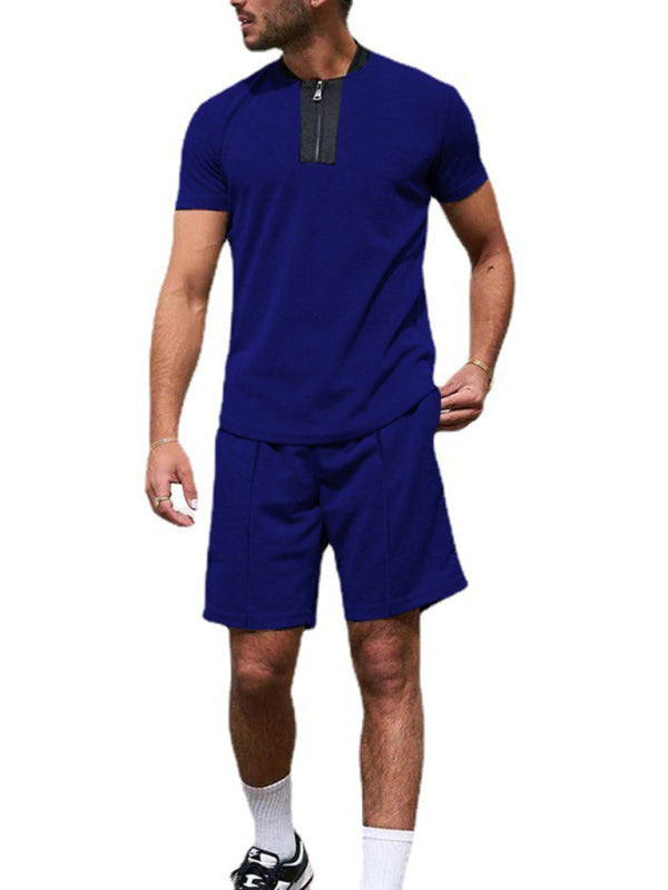 Men's Contrasting Color Waffle V-Neck Zipper T-Shirt + Shorts Casual Suit Shello's Creative Boutique
