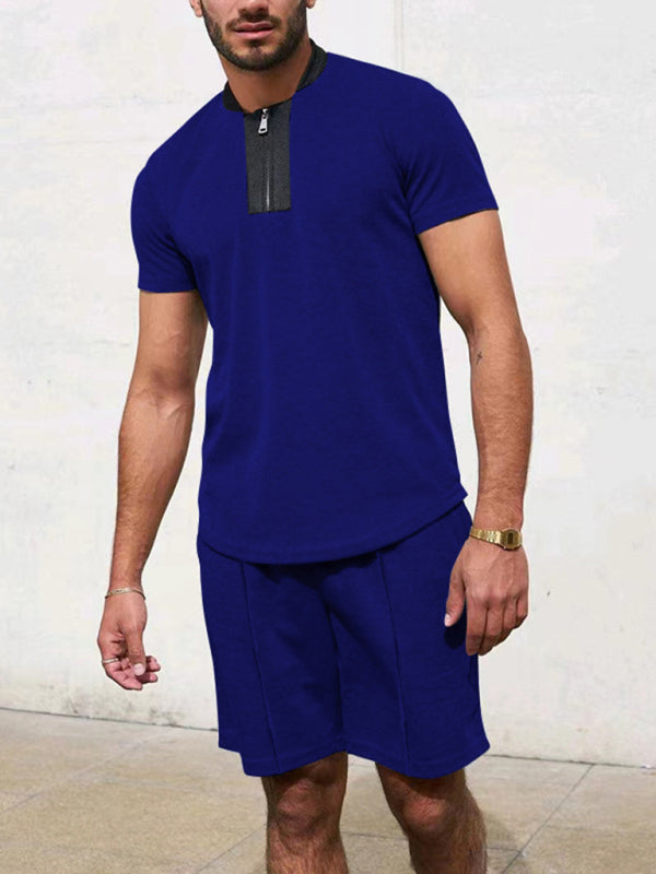 Men's Contrasting Color Waffle V-Neck Zipper T-Shirt + Shorts Casual Suit Shello's Creative Boutique