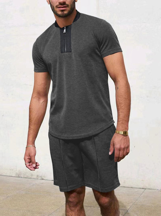 Men's Contrasting Color Waffle V-Neck Zipper T-Shirt + Shorts Casual Suit Shello's Creative Boutique